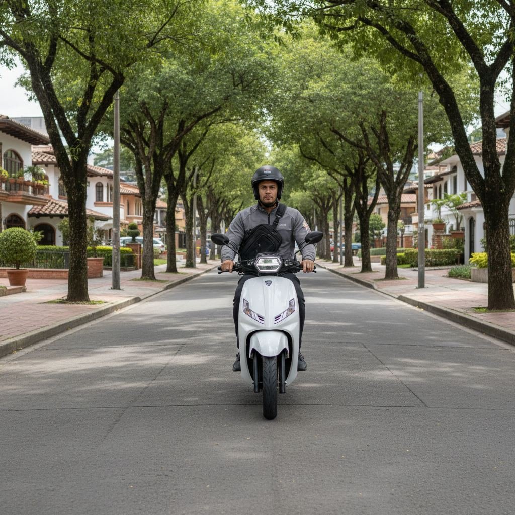 Cash delivery courier riding through a neighborhood in Colombia
